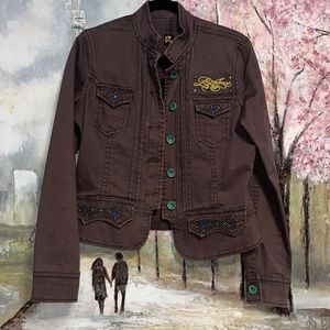 Lois Jean VTG Studded Brown Jean Jacket  Made In Valencia Spain Bull Logo sz L